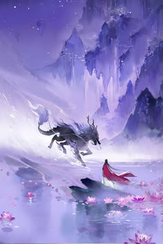 this digital painting depicts a fantastical scene with a majestic, wolflike creature running across a purple and pink landscape. in the background, mountains rise up to the starry night sky, and a figure wearing a red cape stands on a rock. the air is filled with a dreamy mist, giving the image a magical and ethereal quality. the flowers that decorate the ground and the wolf's mane add a touch of delicate beauty to the scene. the overall impression is one of wonder and enchantment, hinting at a story of fantasy and adventure.