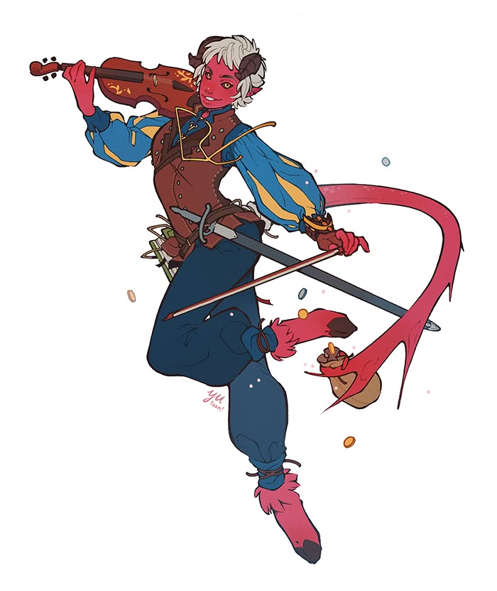 a tiefling bard in a dynamic pose playing a violin, with a sword at his side and a pouch of coins attached to his tail. he has red skin, white hair, and horns, and is dressed in fantasystyle clothing. he is floating and smiling.