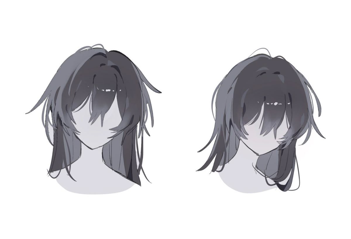 the image shows an illustration of two heads with gray long hair in an anime style. the hair covers the faces of the subjects. the image is drawn with a simple style.