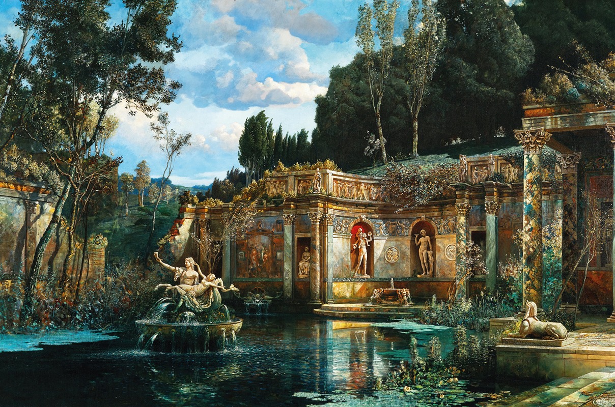 the image is a classical painting of a garden scene. a large pond dominates the foreground, reflecting the surrounding structures and sky. in the pond, there's a sculpted fountain with figures. classical architecture forms the backdrop, including buildings, statues in niches, and crumbling ruins. trees and greenery fill the landscape, and the sky features clouds and a sense of depth. the overall style is realistic and detailed, evoking a sense of history and beauty.