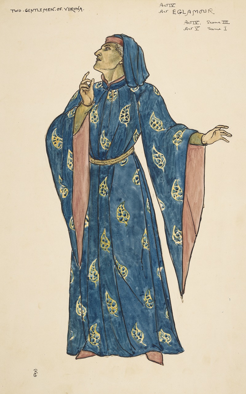 costume design for eglamour from "two gentlemen of verona". the design features a man in a long, blue robe with a paisley pattern. the robe has long sleeves and is belted at the waist. the man is also wearing a turban. the background is a plain, white color. the text on the image indicates the act and scene in which the costume would be worn.