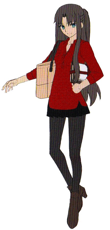 this is an illustration of rin tohsaka from the fate/stay night series. she is depicted as a teenager wearing casual clothes – a red shirt, black tights, and brown boots. she carries a tote bag and some books. her long dark hair is styled in a ponytail, and she has blue eyes. the image is a fullbody illustration showing her in a standing pose. the background is black.