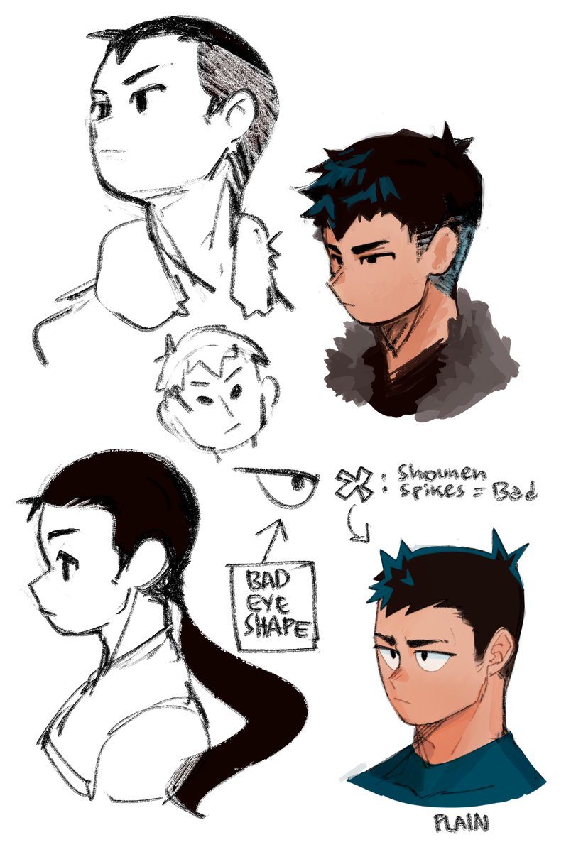 this is a sketch of an anime character in various stages of completion. there are various notes on the page, regarding the drawing, including one pointing out the "bad eye shape". the note is likely written by the artist, as it is not a polished piece of artwork. it is a rough draft of a character design, and it is a great example of the creative process of a manga artist.
