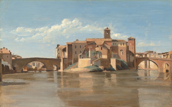 the image is a painting of a cityscape featuring a river, a bridge, and various buildings. the scene is set under a sky with scattered clouds. the river reflects the buildings and the bridge, creating a mirrored effect on the water's surface. the buildings appear to be historical in style, with varying heights and designs. a bridge spans the river, connecting the buildings on either side. a prominent bell tower rises above one of the buildings. the overall color palette consists of earthy tones, with hints of blue from the sky and water.