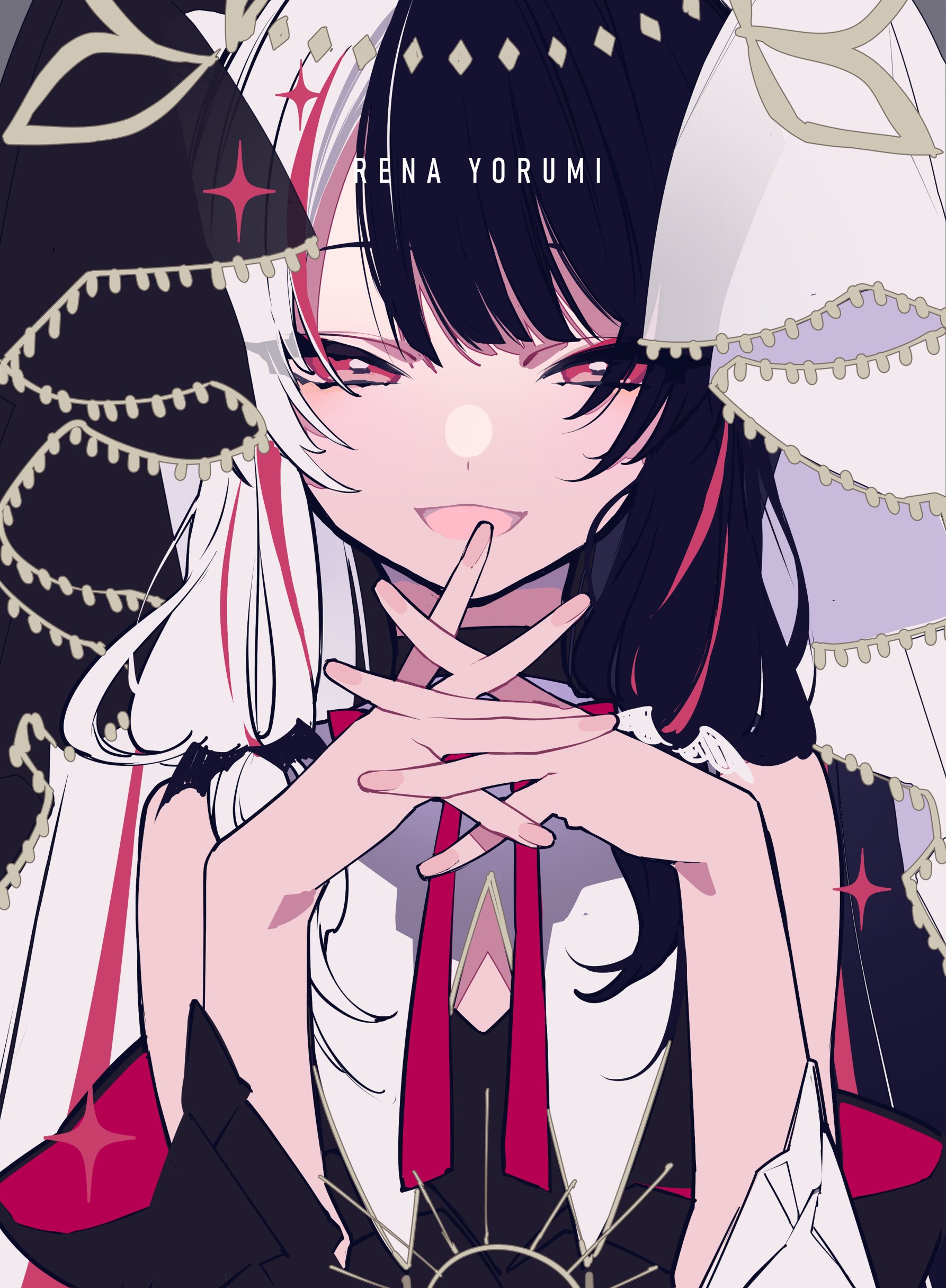 the image features a stylized anime girl with striking red eyes and distinctive black and white hair, identified as rena yorumi. she has a confident smirk and is holding a finger to her lips, with her hands crossed in front of her. she is wearing what appears to be a gothic lolita style outfit, with black and white elements, red accents, and lace details. red ribbons and stars are also present as design elements.