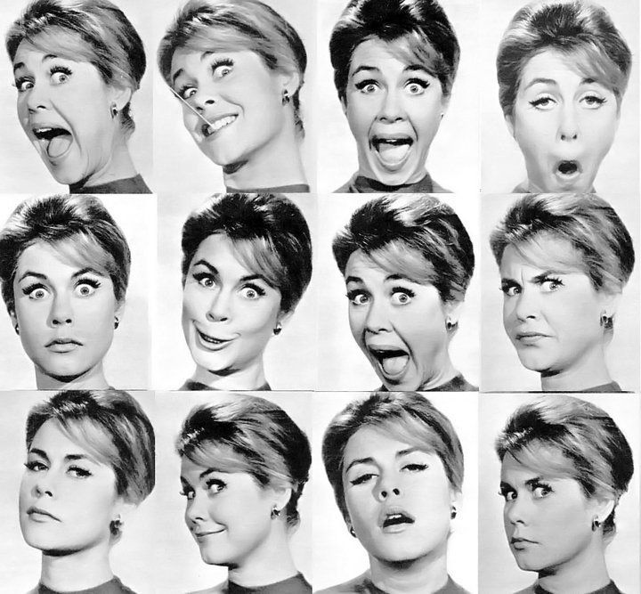 a black and white photo of a woman making different facial expressions. the photo is split into 12 squares, with each square showing a different expression. the woman's eyes, mouth, and eyebrows are all changing with each expression, creating a variety of looks. the photo is a classic example of a hollywood portrait from the 1960s.