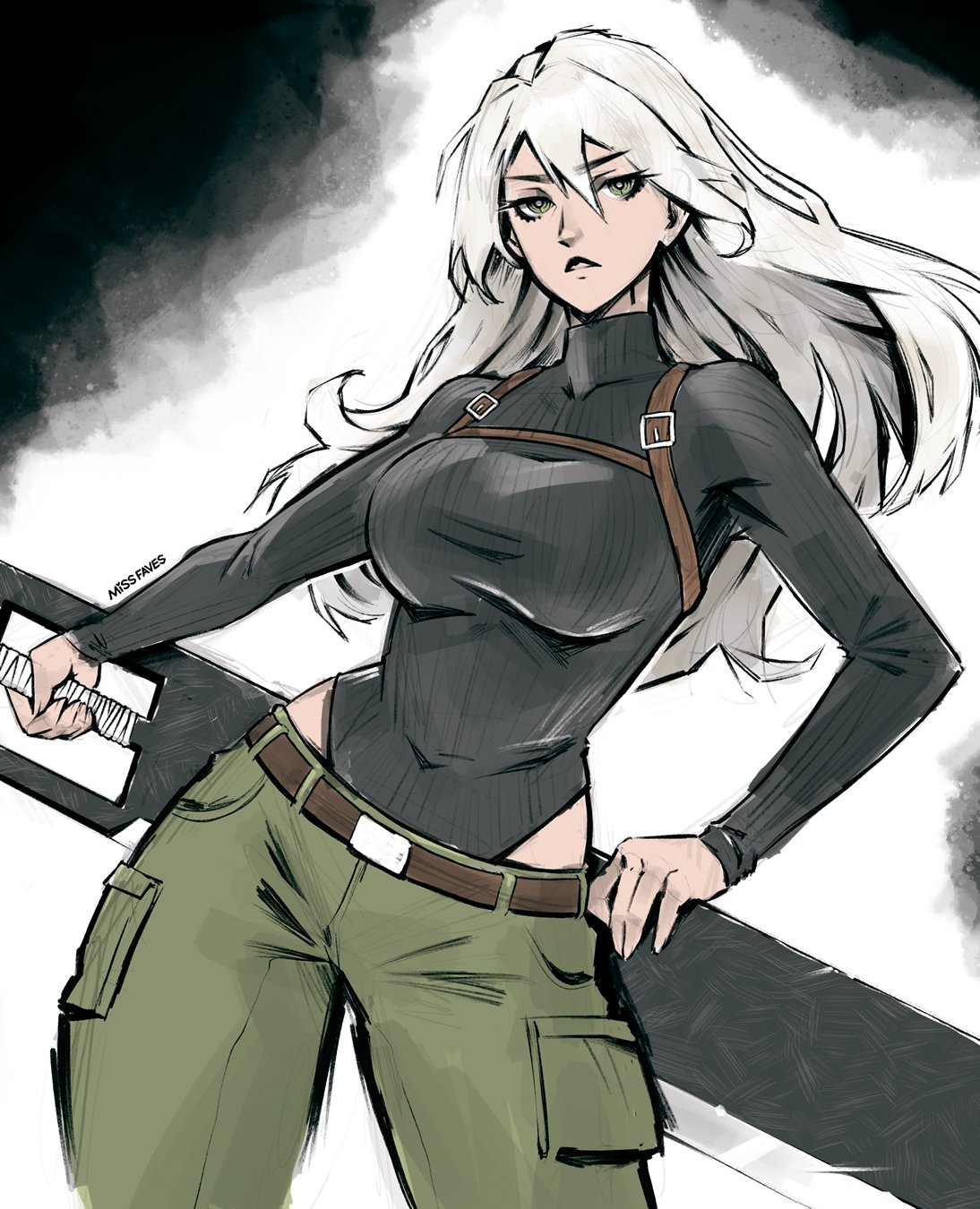 a digital drawing of a woman in an anime style with long white hair, green eyes, wearing a black turtleneck bodysuit, a harness over it, green cargo pants with a brown belt. she is holding a large sword. the background is a blurry mix of black and white.