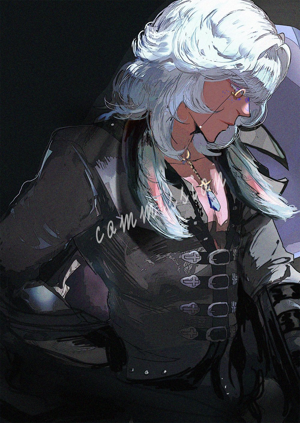 this is a digital art illustration of an anime character. he has white hair, blue eyes, and is wearing glasses. he is wearing a black jacket with a cross on the chest. the background is dark.