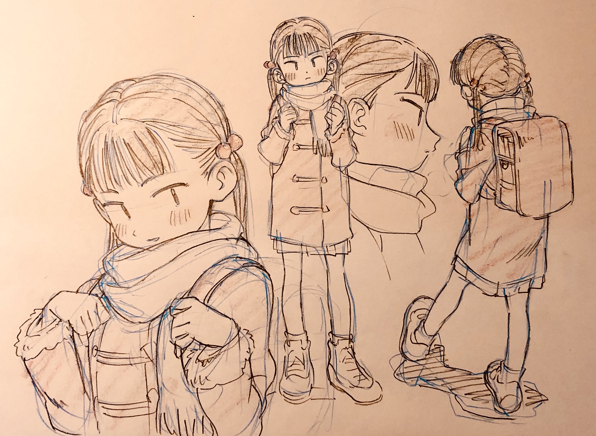 a series of pencil sketches depict a young girl in various poses, likely for animation or character design purposes. she wears a winter outfit consisting of a duffel coat, scarf, skirt, kneehigh socks, and boots.  the drawings capture her adjusting her scarf, looking to the side, and walking away with a backpack, showcasing different angles and potential movements. the art style leans towards a clean, expressive manga aesthetic.