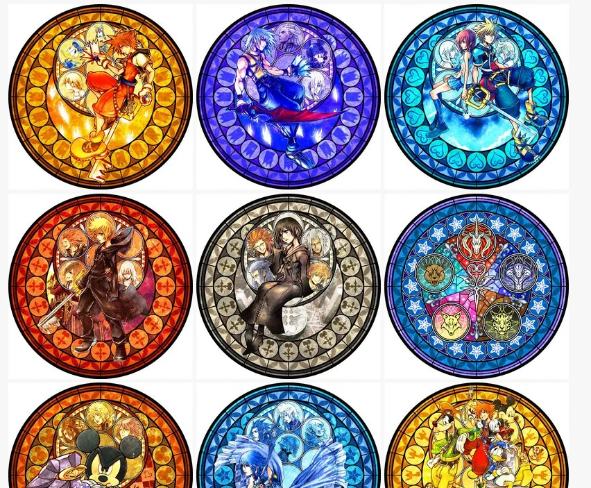 this is a set of nine stained glass art pieces featuring characters and iconography from the kingdom hearts video game series. each circular piece showcases a different group of characters or a significant symbol from the game's universe.  the art style mimics traditional stained glass with bold outlines and vibrant colors.