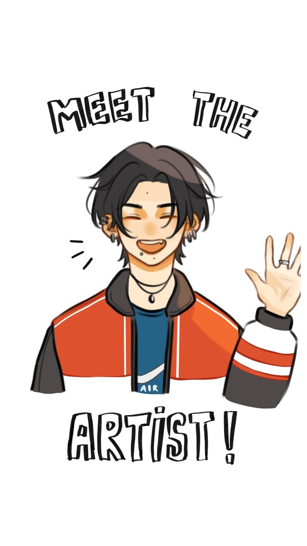 the image is a digital illustration of a young animestyle male character with black hair and piercings, wearing an orange jacket and waving. the text "meet the artist!" is prominently displayed above and below the character, indicating that this is an artist's selfportrait or introduction.  the style is cheerful and friendly, making it suitable for online introductions or social media.