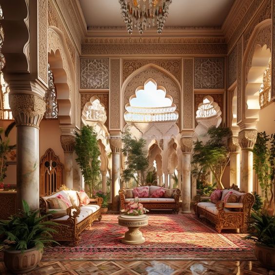 this is an image of an indoor luxurious living space furnished with couches and decorated with plants and ornaments. the room features traditional archways and columns, while sunlight streams through the windows and lights up the space. a patterned red carpet covers the floor.