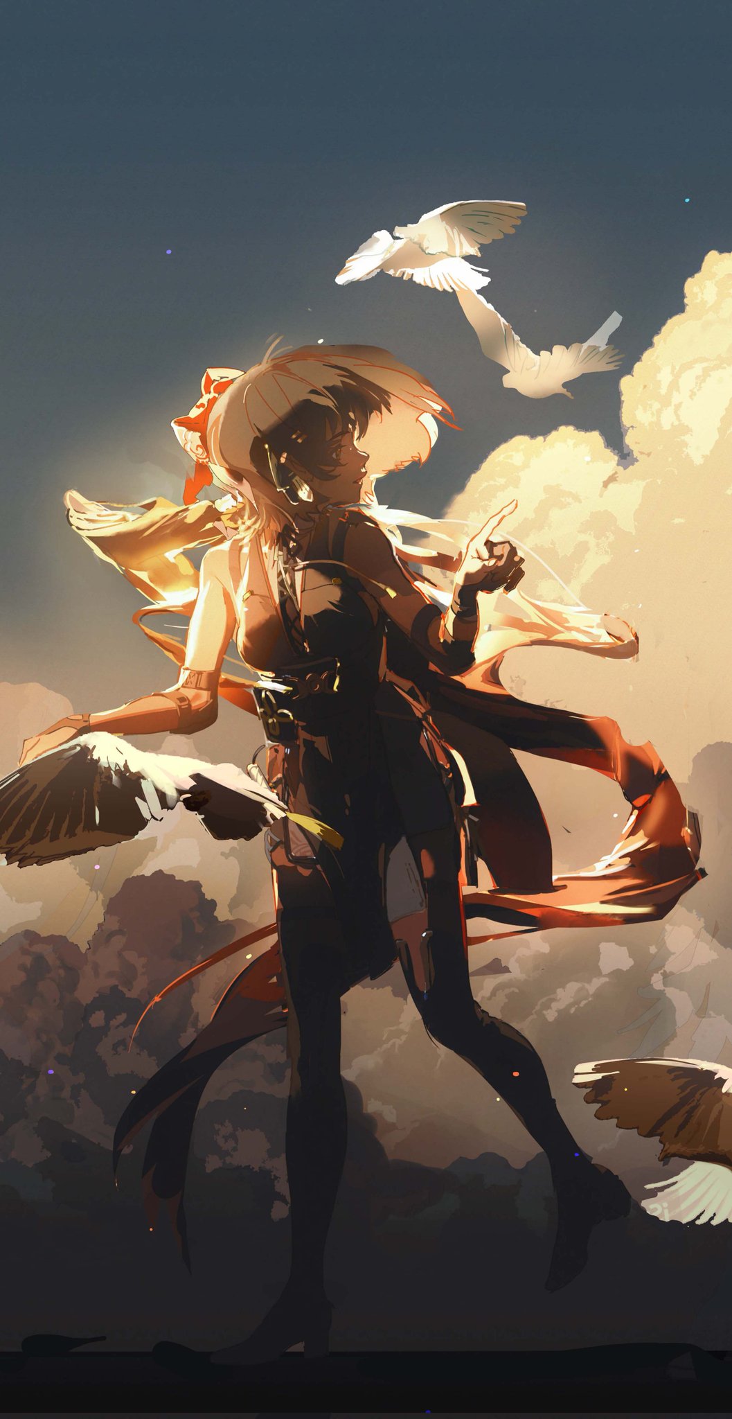 the image showcases a dynamic animestyle illustration of a young woman with short hair and a determined expression. she is dressed in a black and orange leotardlike outfit with flowing red ribbons, striking a pose against a dramatic sunset sky. white doves fly around her, adding to the sense of action and fantasy. the use of backlighting and a low angle perspective enhances the dramatic impact of the scene.