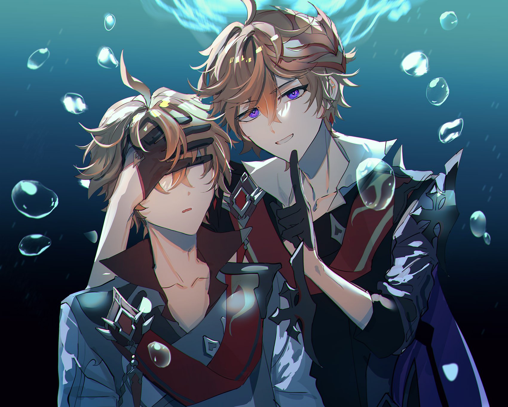 this digital art piece is a portrait of two anime boys. both have blond hair. the boy on the left is wearing a white shirt with a red scarf, and the boy on the right is wearing a black shirt with a red scarf and purple sleeve. they are both underwater surrounded by bubbles.