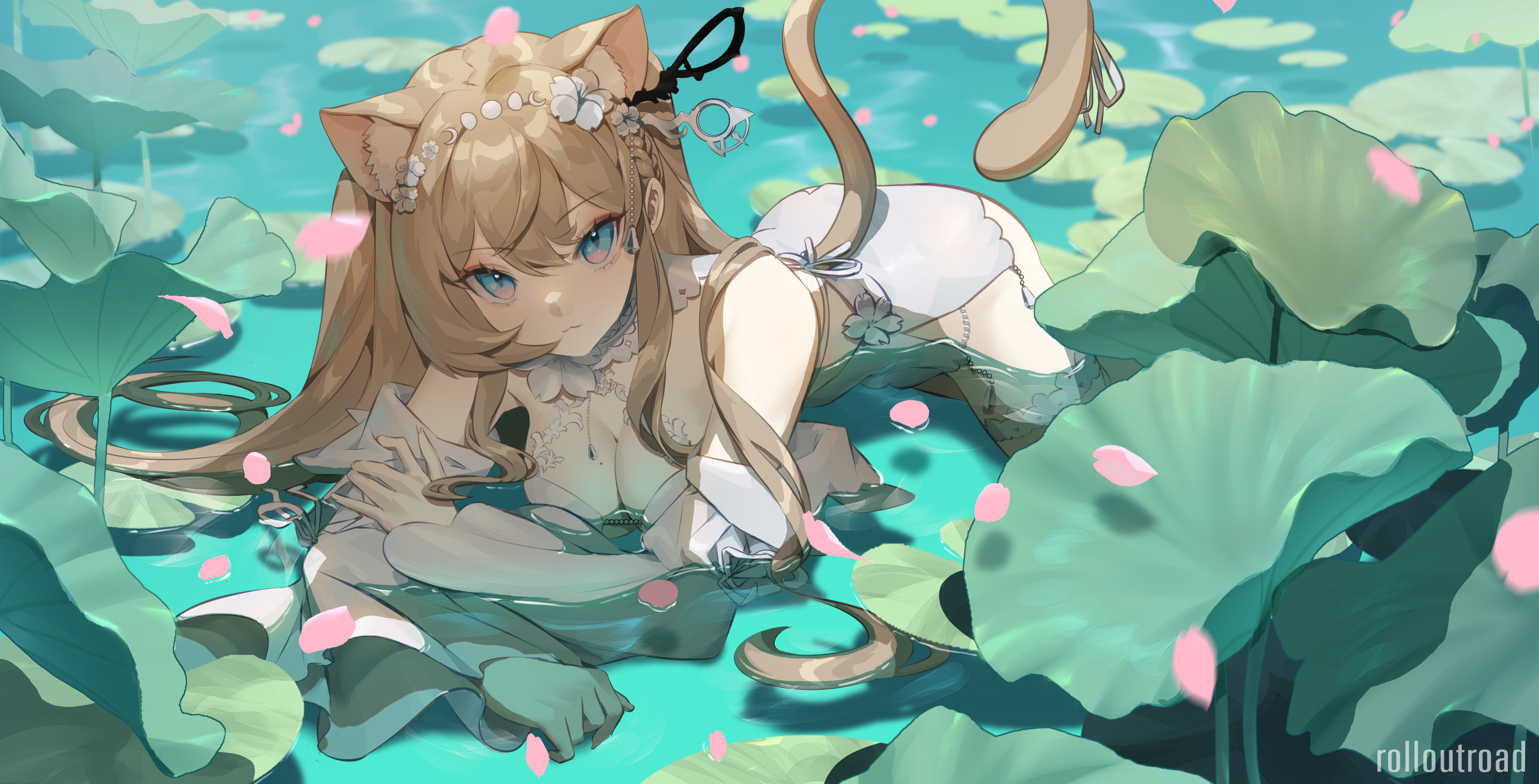 the image is a digital painting of an animestyle cat girl with long blonde hair and blue eyes. she is partially submerged in a serene lotus pond, wearing a white and lightcolored outfit that resembles swimwear or lingerie. pink petals float on the water's surface, adding to the peaceful atmosphere. the girl's cat ears and tail are clearly visible. the overall style is dreamy and fantastical. the artist's signature "rolloutroad" is subtly placed in the bottom right corner.