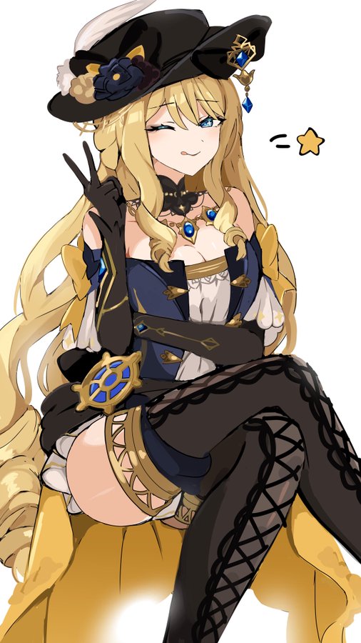 a digital illustration of an anime girl with long blonde hair, wearing a black hat with gold accents and a gold trimmed yellow and black dress with blue highlights, holding up two fingers in a peace sign. she is smiling and has blue eyes. she is wearing black lace stockings and has a white bow in her hair. she is standing on a white background with a yellow star and a yellow line behind her.