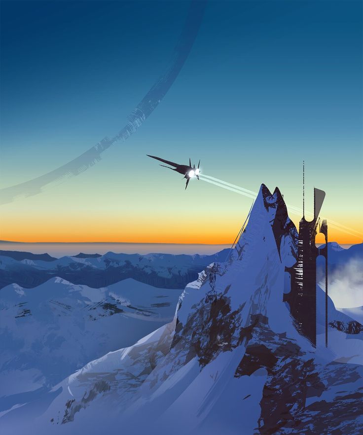 a lone spaceship flies towards a towering, dark structure built atop a snowcovered mountain peak. the sun is setting in the distance, casting a warm glow across a vast, icy landscape and illuminating the rings of a distant planet in the sky.  the scene evokes a sense of exploration and solitude in a harsh, alien world.