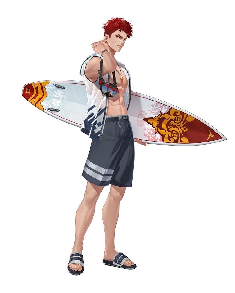 this illustration depicts a young anime man in a summery beach outfit. he has short red hair and a scar on his face, and he is wearing a white shirt with a sleeveless underlayer, dark board shorts, and black and white flipflops. he has a surfboard with red, yellow, and white details in his hands, and he is holding it casually with a friendly expression. the scene is set against a white background. the image is stylized in an anime art style, with sharp lines and exaggerated features. it conveys a sense of casual summer fun and adventure.