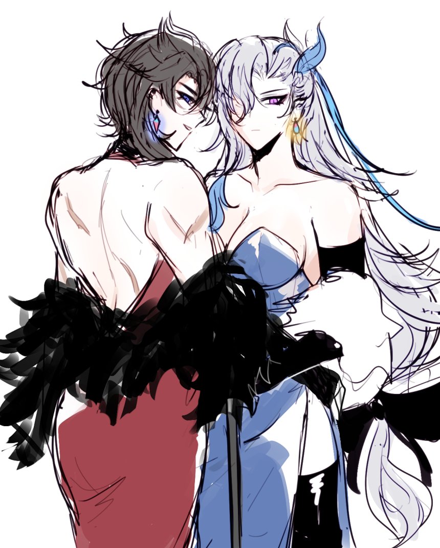 a drawing of a male and female anime character in a romantic pose. the male character is wearing a red dress and a black feather boa, and the female character is wearing a blue dress. they are both standing close together and looking at each other.