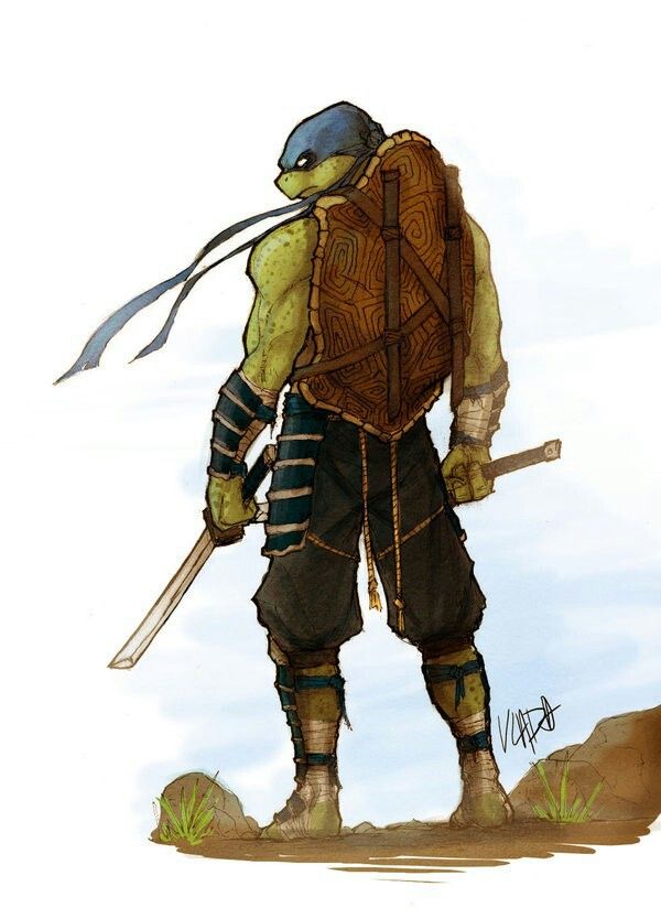 a digital drawing of leonardo, a ninja turtle, in samurai clothing holding a katana sword in his right hand with his left hand on his hip. he has a blue bandanna on his head and a shell on his back.  he is standing on a dirt path with some rocks and grass around him.
