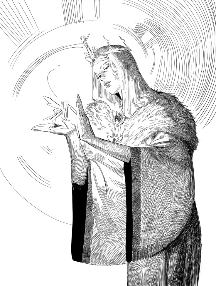 a black and white illustration depicts a woman with a crown, wearing a robe with fur trim, and holding a small fairylike creature in her hands. swirls of light are behind her, suggesting a magical or ethereal setting. the drawing is highly detailed and has a handdrawn quality, evoking a sense of fantasy and enchantment.