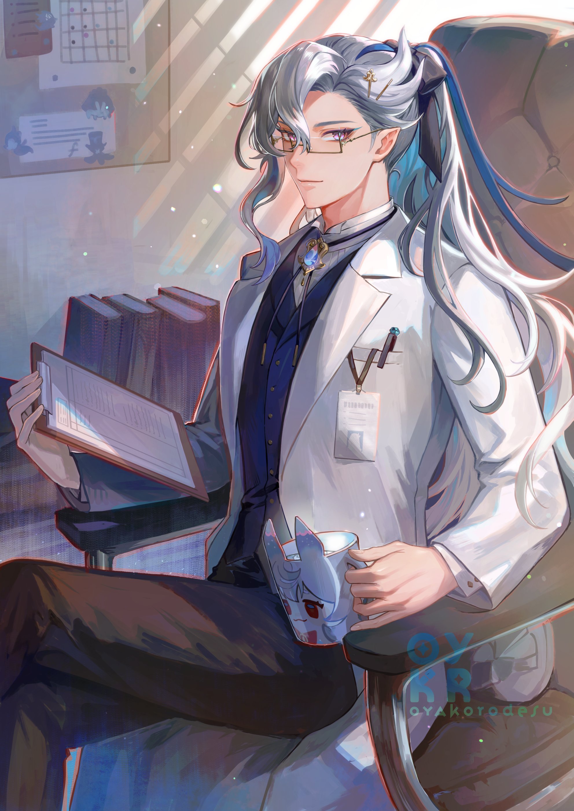 the image is a digital illustration of an anime male character. he has long, silver hair, and he is wearing a white doctor's coat and glasses. he is sitting in a chair with a clipboard in one hand, and a cup of coffee in the other. the image is done in a colorful style, with a soft background.