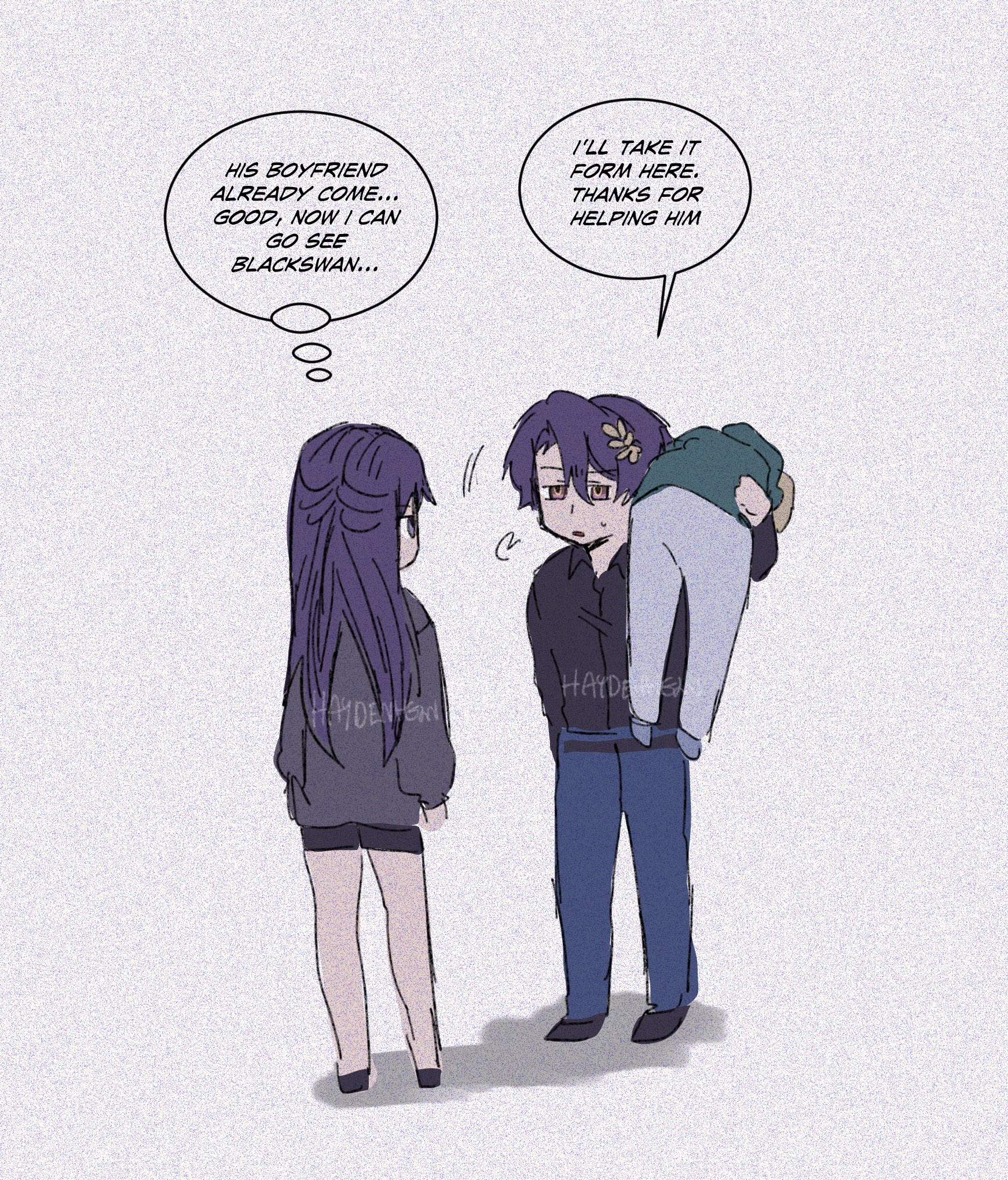 an anime cartoon style image showing a man with purple hair carrying another unconscious person in his arms and a girl with purple hair talking to the man in the background. the man is wearing a black shirt and blue pants. he is talking to the girl and the girl is pointing at the unconscious person. the girl has a speech bubble that says "his boyfriend already come... good, now i can go see blackswan..." and the man's speech bubble says "i'll take it form here. thanks for helping him".