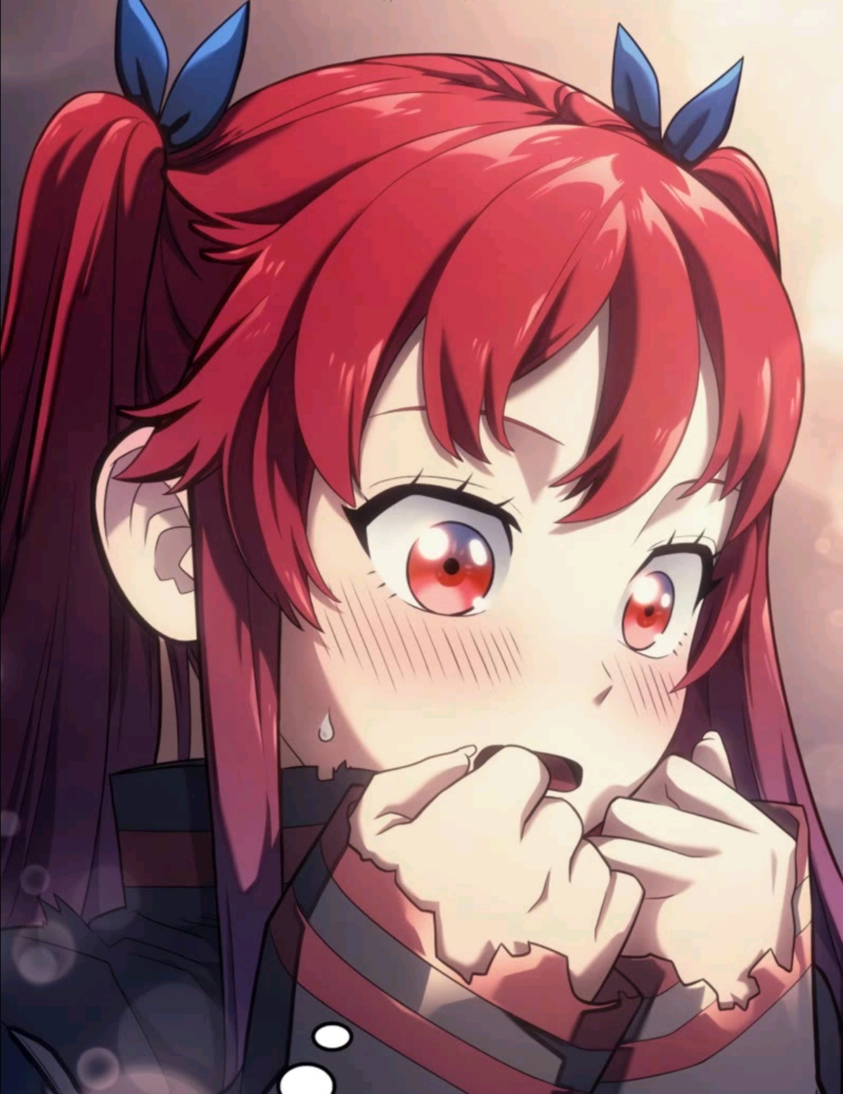 an animestyle illustration of a young girl with bright red hair styled in high pigtails adorned with blue bows. she has large, expressive red eyes and flushed cheeks, conveying a nervous or embarrassed emotion. her fingers are brought up near her mouth, and a single bead of sweat trickles down her face, further emphasizing her anxious state. the artwork features soft shading and a detailed style typical of anime.