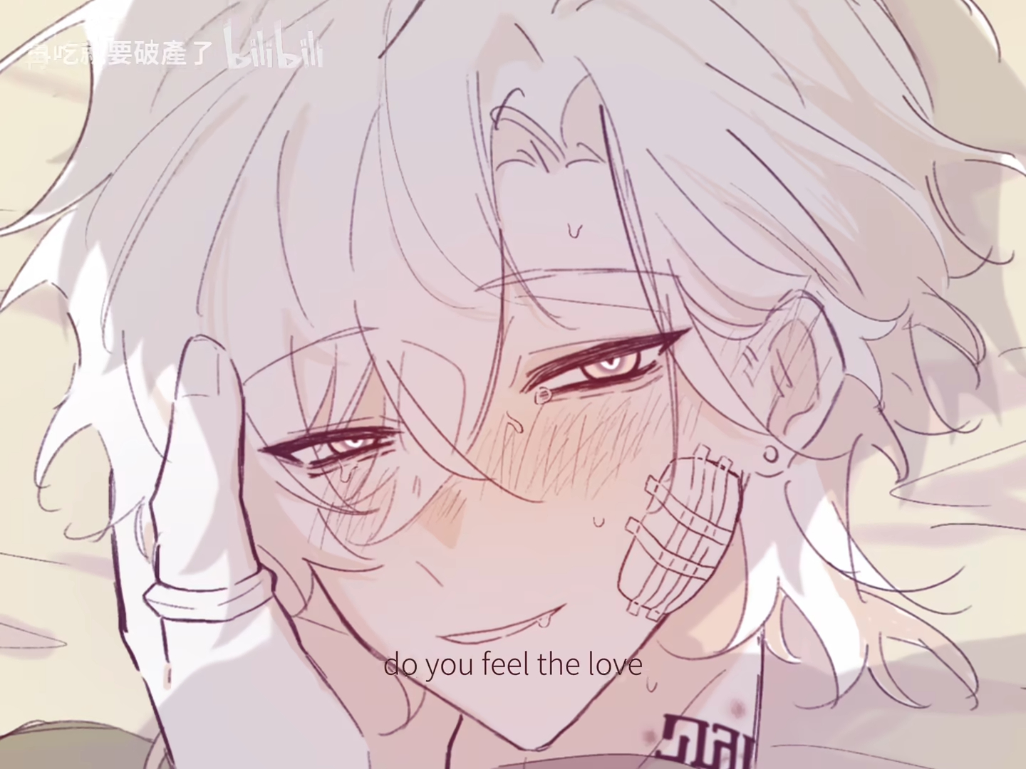 the image is a closeup drawing of an animestyle boy with white hair. he has a blush on his cheeks and looks slightly injured, with bandages on his face. his eyes are slightly closed, and he appears relaxed and peaceful. the art style is soft and delicate, with pastel colors and a dreamy atmosphere. the text "do you feel the love" is written on the image.