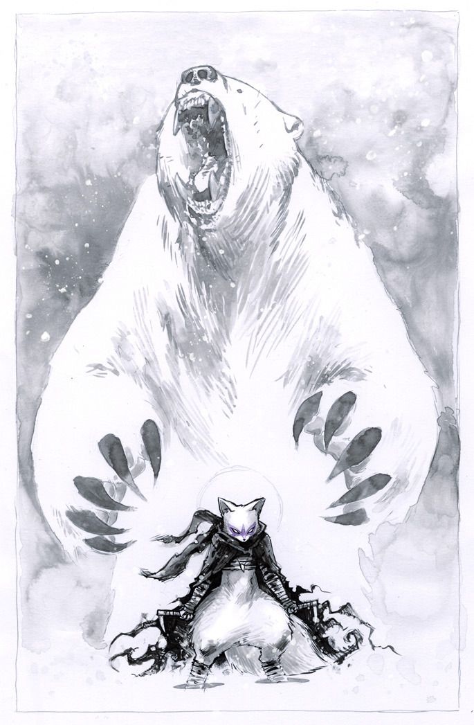 this black and white illustration features a polar bear in the background with its claws exposed and a gardevoir, a pokemon, dressed in a ninja outfit facing the bear with its own powerful stance. the contrast of the two, the calm yet powerful gardevoir in the foreground and the fierce and menacing polar bear in the background, makes this illustration visually captivating.