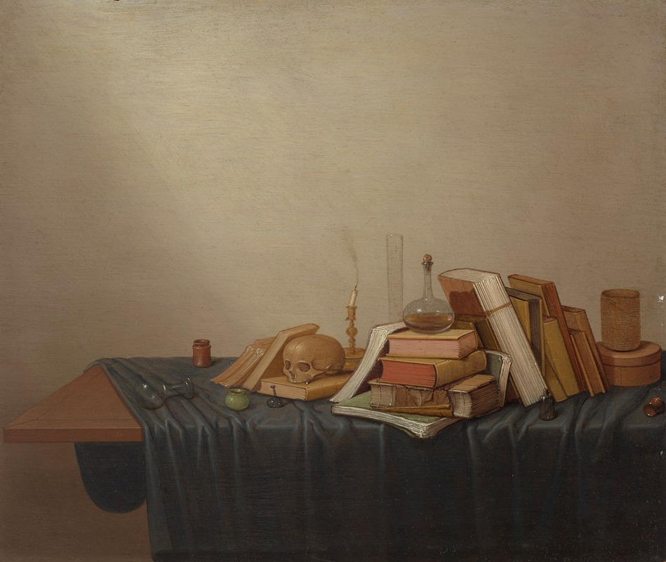 a still life painting depicting a dark draped table filled with various scholarly objects. there is a skull, several books, a candle, a flask, a beaker, a green pot, an inkwell, glasses, a cylindrical box, a box, and a quill on the table. an extinguished candle emits smoke.