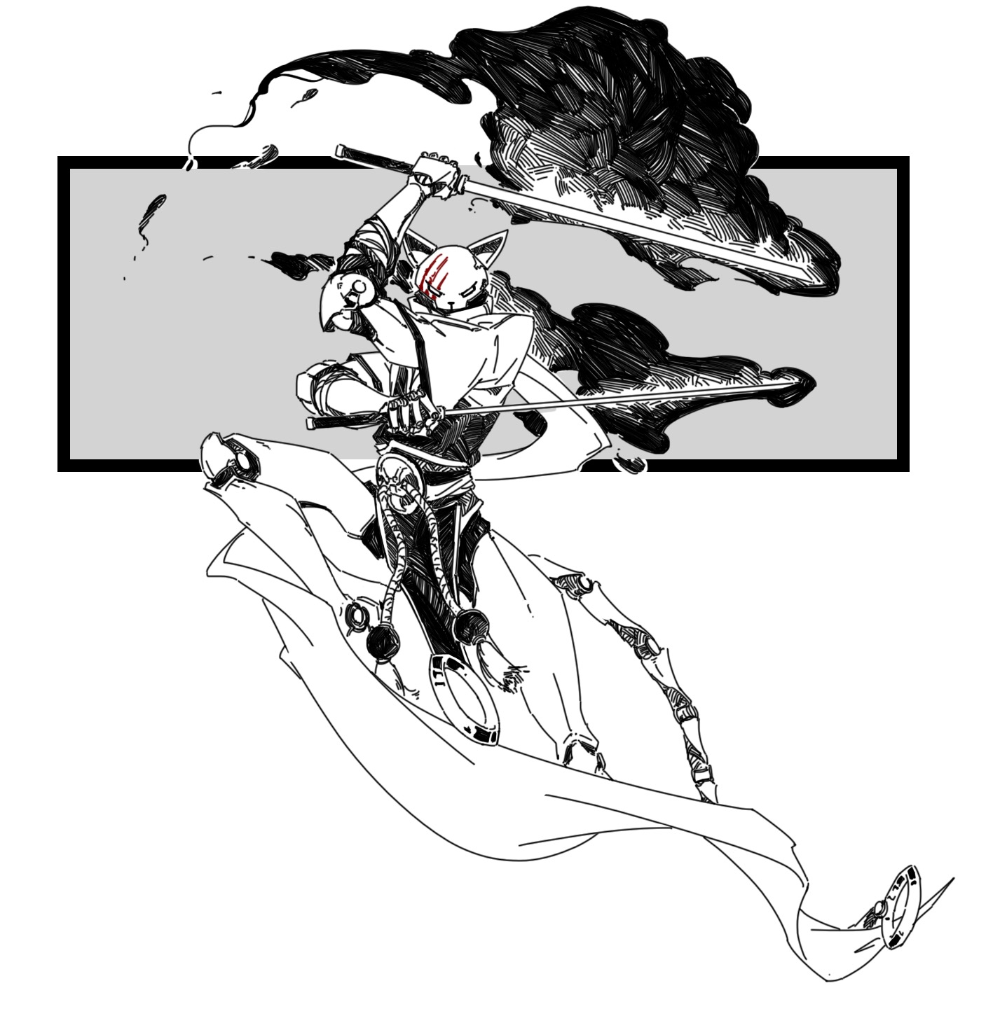 the image is a dynamic, stylized monochrome illustration of a warrior character. the character appears to be a humanoid feline hybrid, wearing a mask and flowing cape, wielding two swords in a fighting pose. the background is a simple grey rectangle, with inked black shapes suggesting motion and energy. the style is reminiscent of anime or manga, with bold lines and detailed shading. the overall impression is one of action and intensity.