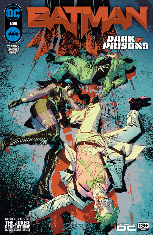 the comic book cover features batman, joker, harley quinn, and riddler lying on the ground, seemingly defeated. the background is dark and gritty, with blood splattered on the floor. the title "batman" is prominently displayed at the top, with the subtitle "dark prisons" below it.