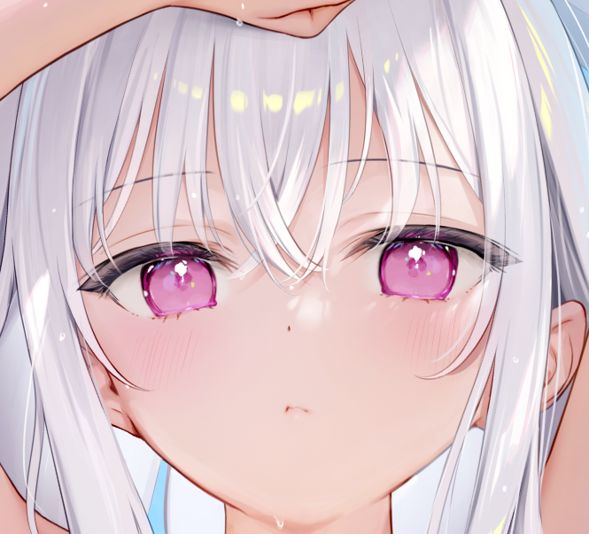 the image is a closeup digital painting or drawing of an anime girl with long, white hair and large, expressive purple eyes.  she appears to be slightly sad or melancholic. her face is soft and delicate, with rosy cheeks and water droplets visible on her skin and hair, suggesting she may have just come out of the water or is in a humid environment.  her hand is visible at the top of the frame, as if she's gently holding her hair. the background is simple and uncluttered, focusing attention on the girl's features. the overall style is kawaii and reminiscent of anime and manga illustrations.