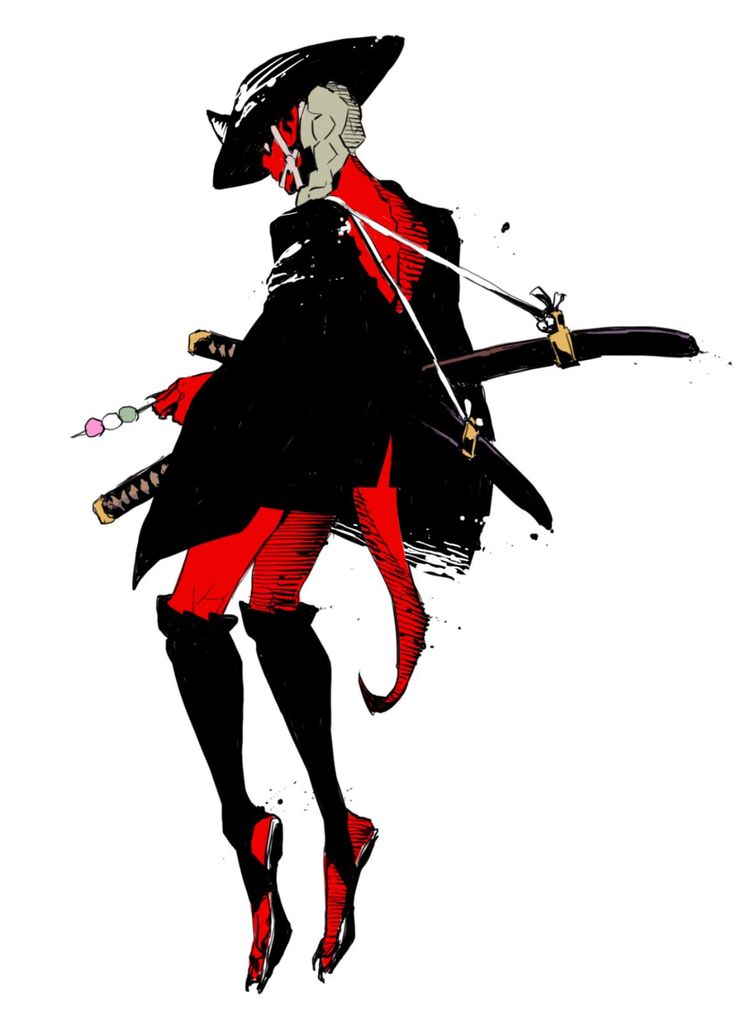 this is a digital artwork depicting an anime/manga female character with red skin, wearing a black hat, black clothes, and black shoes. she is holding a sword in her right hand and has a few dango skewers in her left hand. the background is white with black splatters.