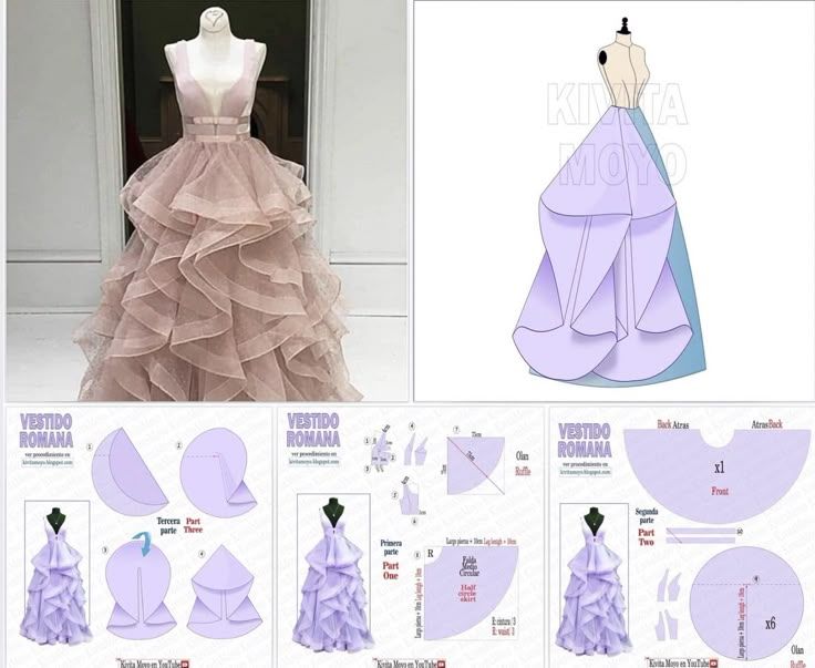 the image shows a light pink ruffled wedding dress alongside diagrams and instructions for creating a similar dress. the diagrams show how to cut and sew the fabric to create the layered ruffle effect. the dress has a vneck bodice and a layered tulle skirt.