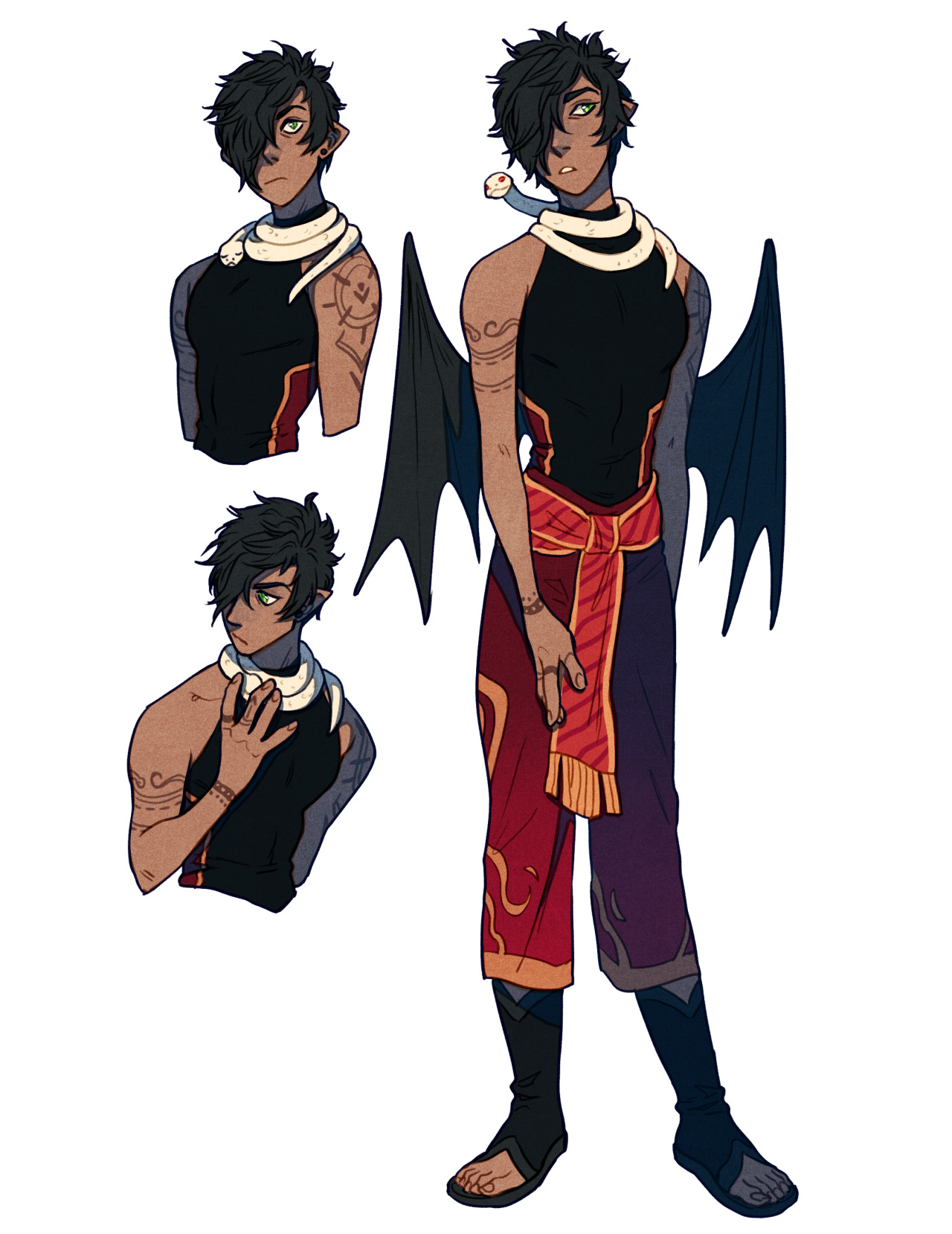 a digital illustration of a young adult, male fantasy character with brown skin, dark hair, and golden eyes. he has a small snake draped around his neck and is shown in three different poses, offering views from the torso up.  he wears opentoed sandals, flowing redorange pants, and a sleeveless black top with a white, highnecked wrap. a goldaccented purple sash hangs around his hips. the character also has large, black, feathered wings and decorative tattoos on his arms and shoulders.  the style is reminiscent of western animation.