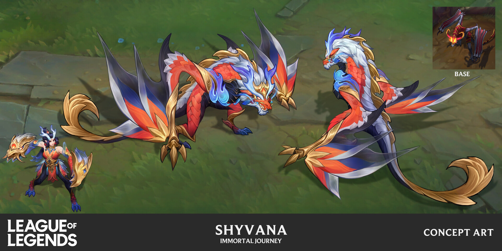 the image is a piece of concept art for a league of legends skin called "immortal journey" for the champion shyvana.  it showcases shyvana in both her human and dragon forms. the dragon form is depicted from multiple angles, highlighting the intricate detail and design of the skin.  the color scheme is primarily red, gold, blue, and white, with ornate gold detailing on the dragon's wings and body. a small image in the top right corner shows the base model of the shyvana dragon before the skin application. the overall style is highly detailed and evocative of fantasy art.  the league of legends logo is present at the bottom left, and "concept art" is at the bottom right. the text "shyvana" and "immortal journey" is centrally located at the bottom.