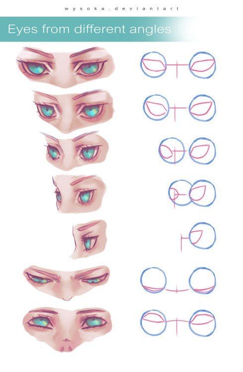 the image is a digital art tutorial showing how to draw animestyle eyes from various angles.  the left side features a series of drawn eyes in different positions (straight ahead, looking up, looking down, looking to the sides, and at various angles), while the right displays simplified geometric constructions to help guide the drawing process. the tutorial is visually appealing, using pastel colors and a clear, stepbystep approach. the title "eyes from different angles" is displayed prominently at the top.  the artist's deviantart username is subtly included at the very top.