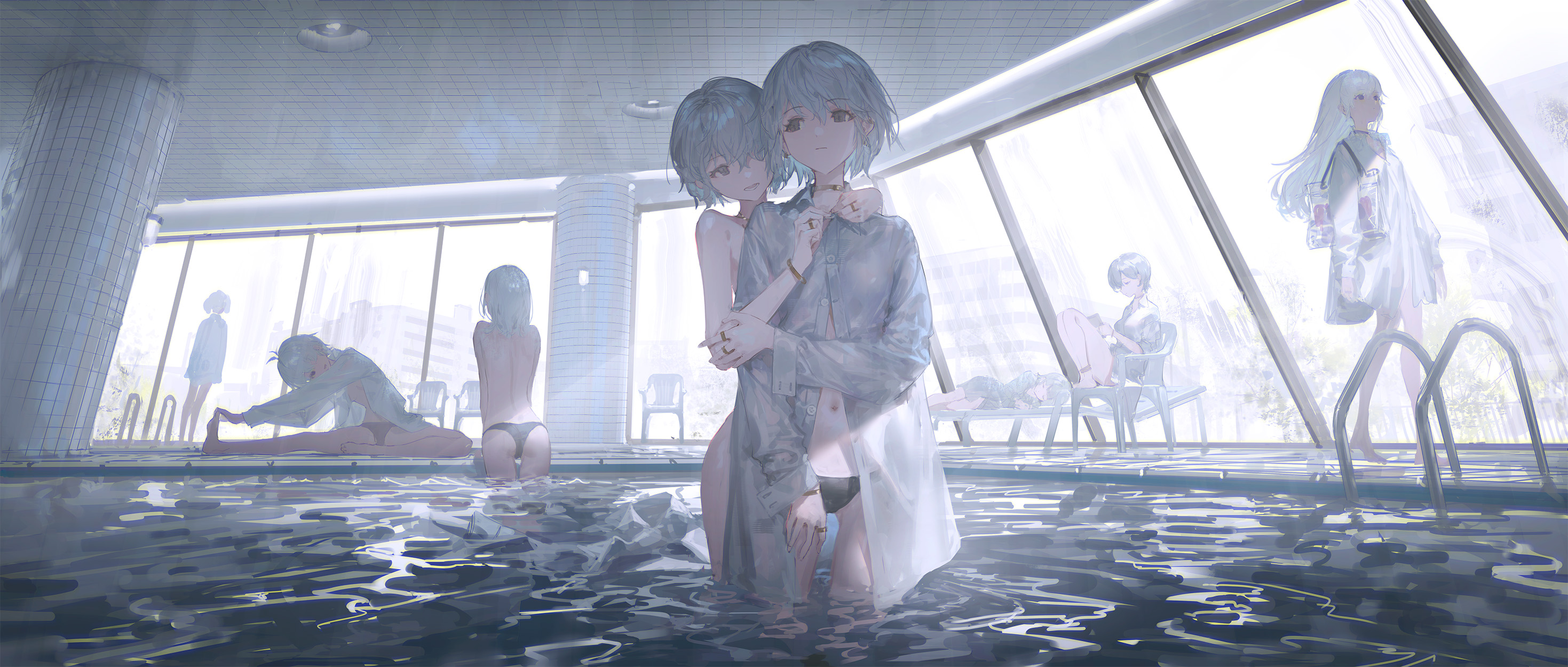 he illustration shows two anime girls with short, light blue hair, standing in a pool of water inside a modern building with large glass windows.  they are embracing and wearing wet, lightcolored shirts.  other people, both male and female, are also present in the scene—some sitting by the pool, some standing near a railing. the overall atmosphere is calm and serene, with a soft, muted color palette. the girls in the foreground are the focal point, with the other figures in the background appearing somewhat blurred. the style suggests digital painting or illustration.