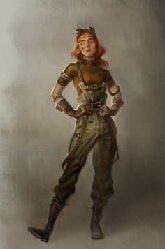 the image showcases a digital painting of a young woman designed in a steampunk aesthetic. she is dressed in aviatorinspired garb, featuring brown leather pants, a fitted top, and iconic steampunk goggles perched atop her vibrant red hair.  she stands confidently against a muted, textured background that evokes a sense of a studio setting. the soft lighting emphasizes the character, highlighting her determined expression and the intricate details of her attire.