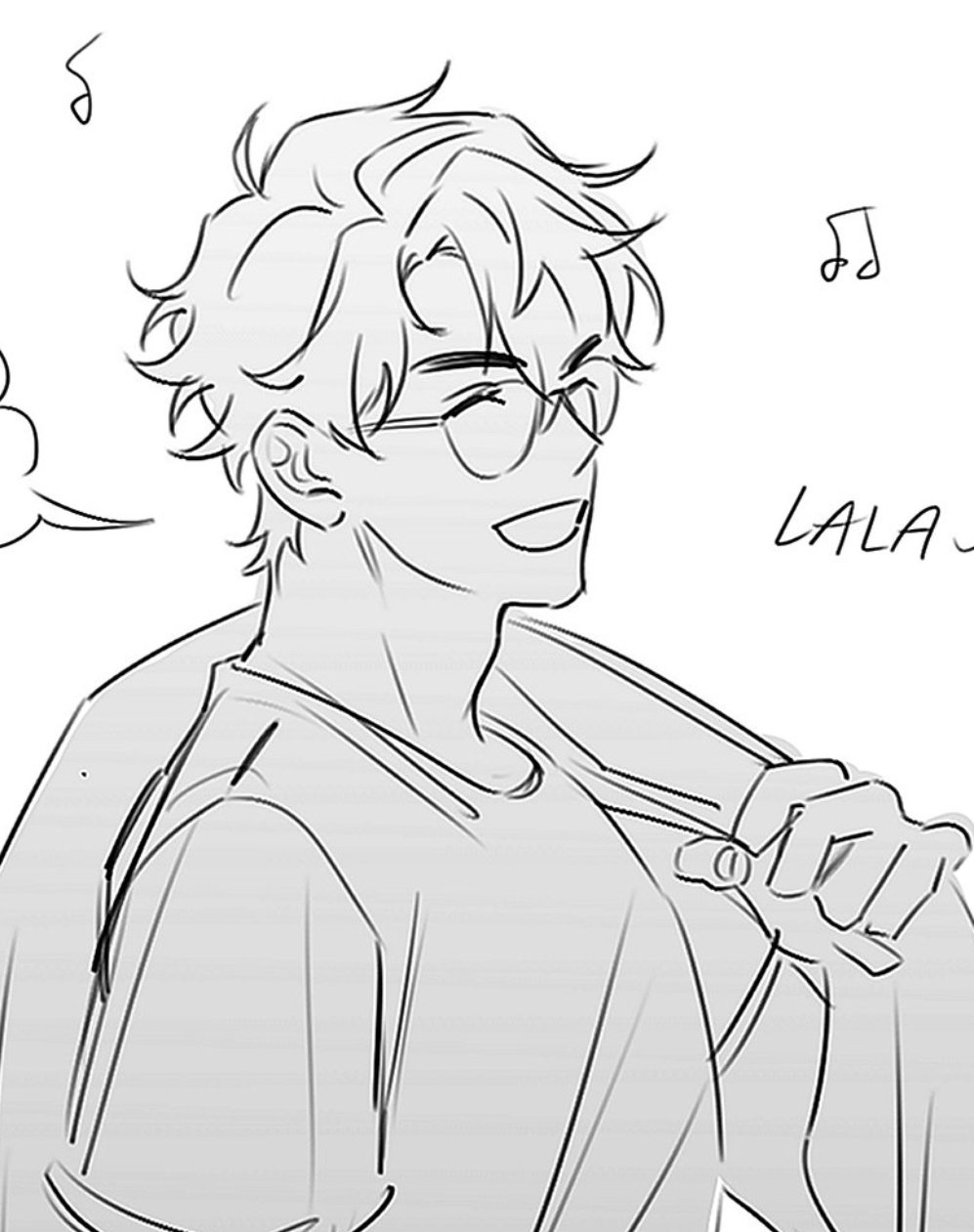 a line drawing of a young animestyle man with glasses, smiling and singing. he has wavy hair and is wearing a casual jacket over a tshirt. music notes are drawn around him, and the word "lala" is written to indicate he is singing. the style is sketchy and loose, suggesting a quick drawing or concept art.