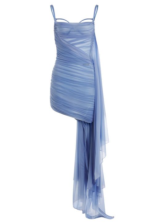a stunning blue dress, crafted from sheer mesh fabric, draped in a flowy and elegant style. the dress features a fitted bodice with thin straps and a long, trailing skirt that adds drama and sophistication.  the delicate fabric and flattering silhouette make this dress perfect for a special occasion or evening event.