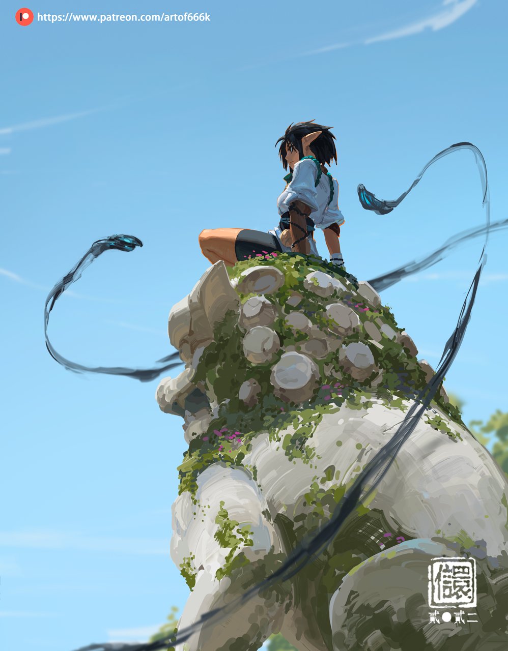 a digital painting of an animestyle elf girl with pointed ears sitting on a mosscovered stone creature. the girl is wearing a light blue and white outfit and has dark hair.  the stone creature appears ancient and weathered, with a textured surface and various shades of gray and green. dark, flowing tendrils, possibly magical energy, extend from the girl and the creature, adding a mystical element to the scene. the background is a clear blue sky, suggesting a peaceful, outdoor setting.  the style is painterly and evocative, with a focus on light and atmosphere. a watermark is visible in the bottom right corner.