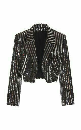 a cropped blazer with black and silver vertical stripes, covered in sequins. the inside lining is black.