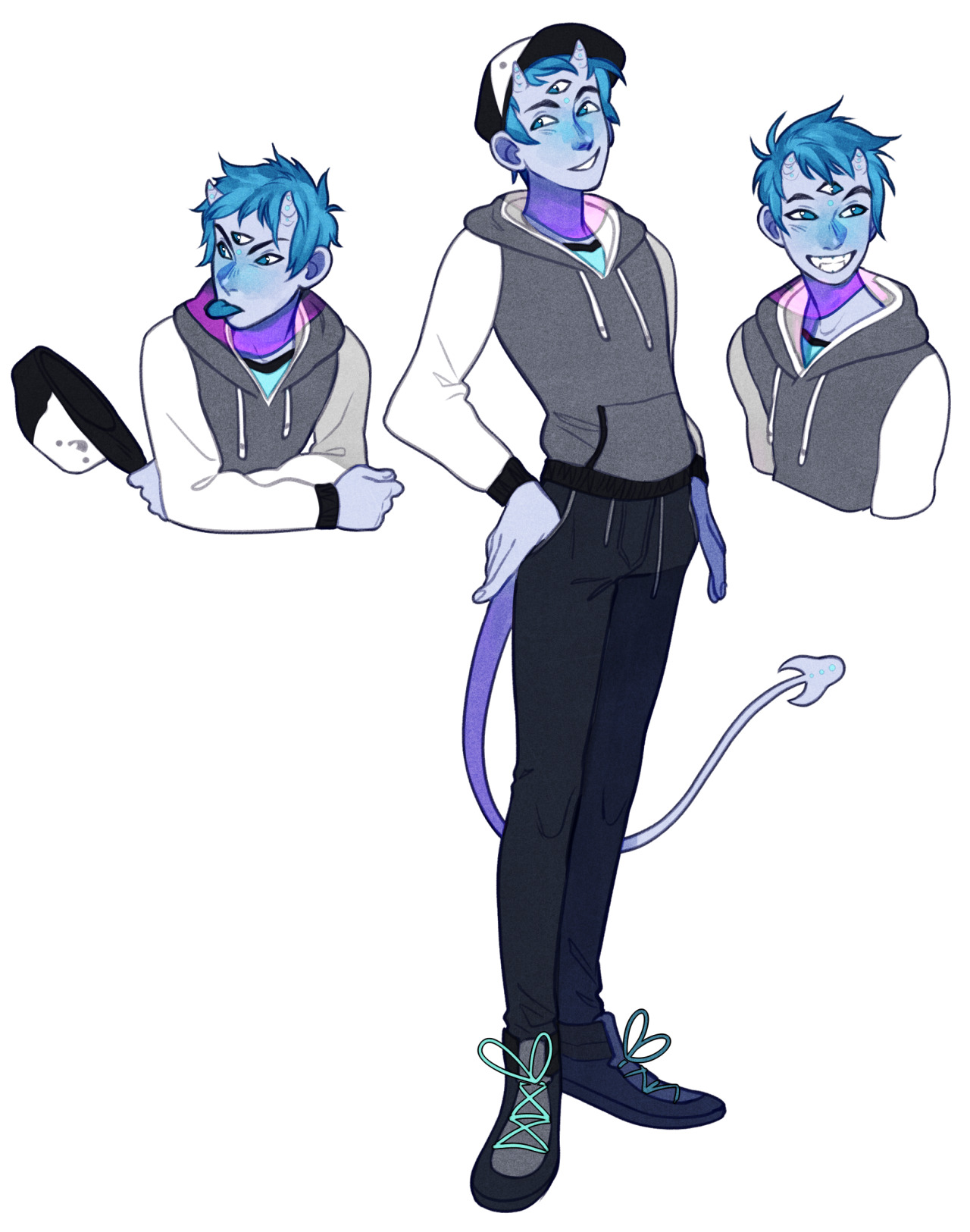 a digital character design of a demon character. the demon is a young adult man with blue skin, three eyes, horns, and a tail. he is wearing a white and grey hoodie, black pants, and sneakers. the image shows the character in multiple poses.  there are two smaller bust images, one of him holding a backwards baseball cap and sticking his tongue out, and one of him smiling. the larger main image is a full body pose of him standing with one hand on his hip.