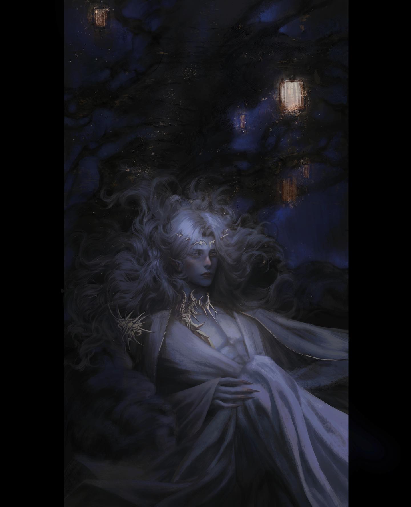 the image features a man with long white hair and pointed ears, suggesting an elf, sitting in the branches of a large tree at night. the lighting is dark and atmospheric, with a few warm lanterns illuminating the scene. the overall feel of the image is mystical and ethereal, with a focus on the fantastical elements of the subject and setting.