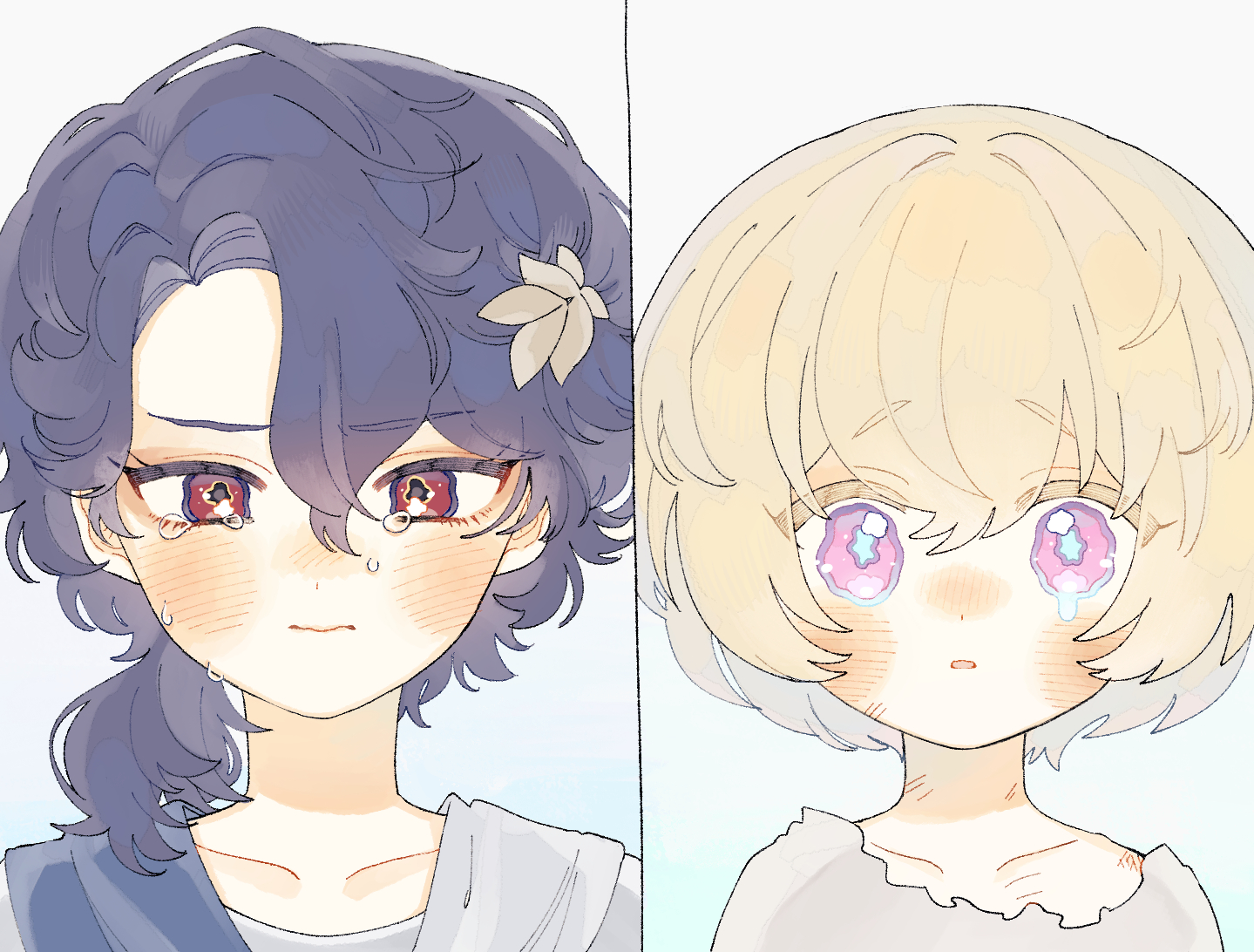 he image showcases a digital drawing or painting of two animestyle girls, positioned side by side. both characters are depicted with short hair; one has purple hair adorned with a small flower, while the other has blonde hair. their expressions are melancholic, with tears streaming down their faces, suggesting sadness or heartbreak. the art style is soft and pastel, with gentle color blending. the girls’ eyes are large and expressive, highlighting their emotional state. the overall mood is tender and emotionally charged. the background is minimalist, focusing the viewer’s attention on the characters' expressions.