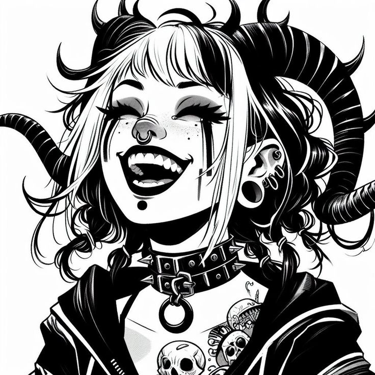 a black and white illustration of an anime girl with horns, a skull tattoo and a nose ring. she is wearing a choker and has a punk style.