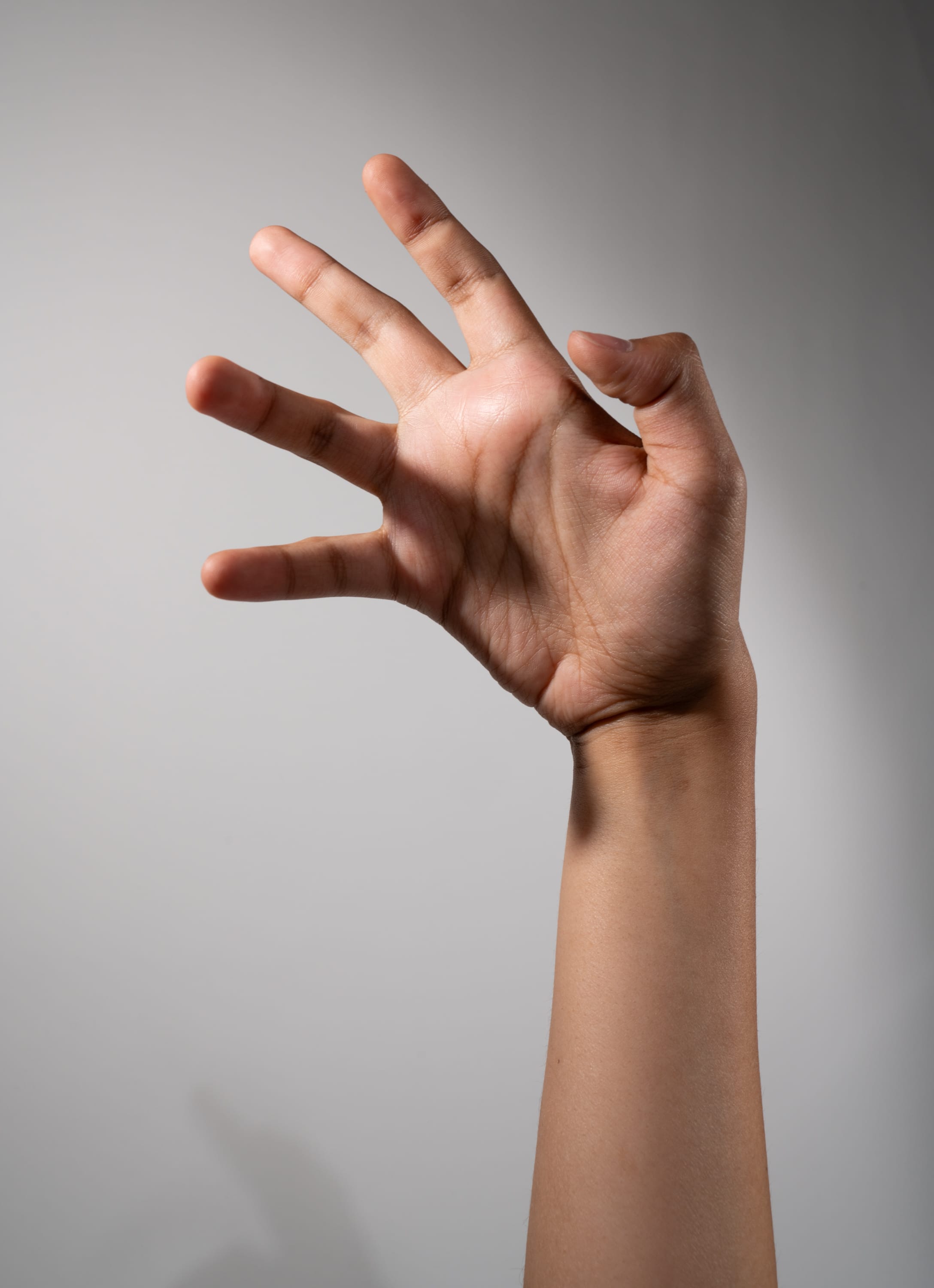 an image of a hand with fingers spread apart, gesturing the number four, set against a gray background. the hand is positioned centrally with a closeup perspective, illuminated by indoor lighting, creating shadows and highlights on the skin.